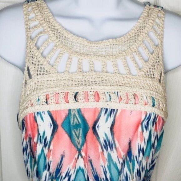 Lily Rose Tribal Ikat Crochet Lace Maxi Dress Teal S - Picture 4 of 8